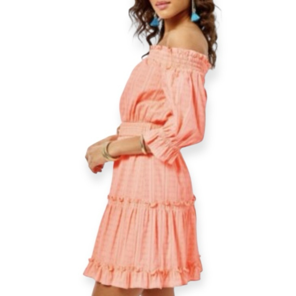 LILLY PULITZER Louisa Dress Papaya Punch Off The Shoulder Belted Tiered Mini NWT - Picture 6 of 13